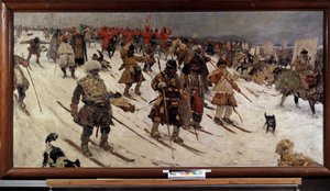Venäjän sotilaskampanja 1500-luvulla; (Venäjän sotilaskampanja 1500-luvulla). Venäläiset soturit suksilla etenevät lumen läpi. Sergei Vasilyevich Ivanovin (1864-1910) maalaus öljy kankaalle