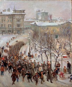 Puna-armeijan miehet. Neuvostoliiton joukkojen paraati lumen peittämän kaupungin kaduilla toisen maailmansodan aikana (1939-1945), jota edelsi marssibändi ja iloisia lapsia. Sergei Ivanovitšin maalaus tekijältä Sergei Ivanovich Markin