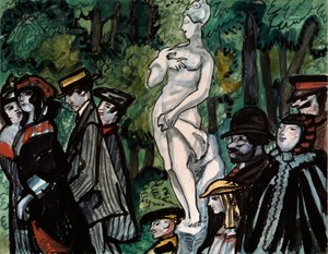 Kesäpuutarhassa. (Perheet parhaimmillaan sunnuntaina kävelyllä patsaan ympärillä Pietarissa). Sergei Jurievich Sudeykin (Serge Soudeikine) (1882-1946) työ, kynä, guassi ja muste paperille. venäläistä taidetta tekijältä Sergei Yurevich Sudeikin