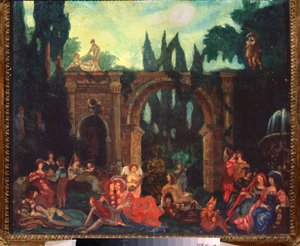 Valmisteleva sisustus Giovanni Boccaccion (Jean Boccace) näytelmään "Le Decameron"