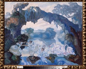 Valmisteleva sisustus Piotr Tšaikovskin (1840-1893) balettiin "Le Lac des Cygnes" (lavasuunnittelu Tšaikovskin balettiin Joutsenjärvi) - Sergei Sudeykinin (Serge Soudeikine) (1882-1946) teos, öljy pahvi