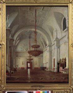 Näkymä Talvipalatsin Valkoisesta salista Pietarissa. Sergei (Sergei, Sergei) Konstantinovich Zaryankon (Zarianko) (1818-1870) maalaus öljy kankaalle. venäläistä taidetta