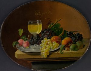 Asetelma hedelmä- ja viinilasi, 1865-70.