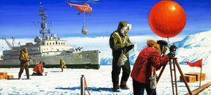 Tohtori Vivian Fuchs tekee tieteellisiä kokeita Etelämantereella. tekijältä Severino Baraldi