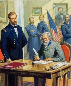 Kenraali Ulysses Grant hyväksyy kenraali Leen antautumisen Appomattoxissa. tekijältä Severino Baraldi