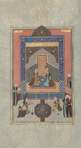 Bahram Gur Pimeässä palatsissa lauantaina, Folio 207 Khamsasta..., A.H. 931A.D. 1524-25 tekijältä Shaikh Zada