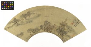 Maisema pagodia, taloja ja veneitä, 1625 mustetta ja väriä kultapaperilla tekijältä Sheng Maoye