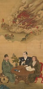 Riippuva kirjakäärö, joka kuvaa Japanin, Kiinan ja lännen tapaamista,