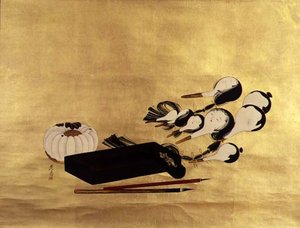 Inro, siveltimet ja nukkepäät, japani tekijältä Shibata Zeshin