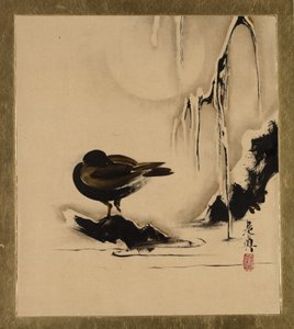 Lakkamaalauksia eri aiheista: Lintu ja paju lumessa, 1882. tekijältä Shibata Zeshin