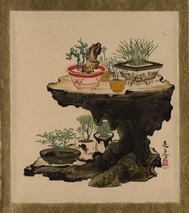 Lakkamaalauksia eri aiheista: Bonsai, 1882. tekijältä Shibata Zeshin