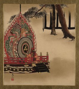 Lakkamaalauksia eri aiheista: Rumpu Gagaku-tanssiin, 1882. tekijältä Shibata Zeshin