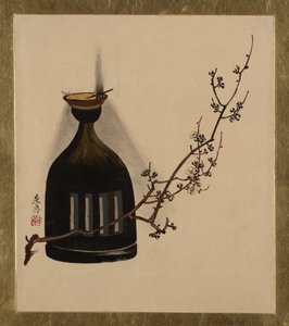Lakkamaalauksia eri aiheista: Luumun oksa öljylampulla, 1882. tekijältä Shibata Zeshin