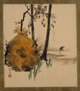 Lakkamaalauksia erilaisista aiheista: Lumisuoja puulle varpuneen kanssa, 1882. tekijältä Shibata Zeshin