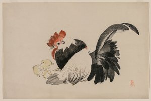Kukko, kana ja poikaset tekijältä Shibata Zeshin