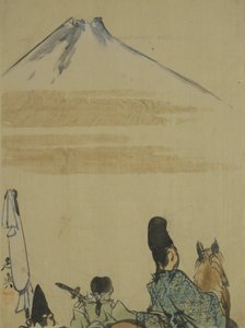 Matkailijoita Fujiyama-vuoren lähellä, n.1872 (tussi ja wc paperille) tekijältä Shibata Zeshin