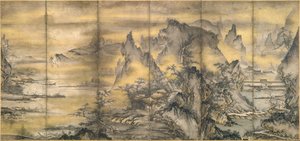 Japanese: 『式部輝忠筆 四季山水図屏風 室町時代 』 Neljän vuodenajan maisema, yksi parista, - tekijältä Shikibu Terutada