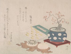 Bonsai-luumu, kompassi ja taskuaurinkokello, jossa on kalenteri, Spring Rain Surimon..., 1806. tekijältä Shinsai