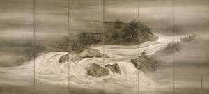 Jokimaisema tulikärpästen kanssa, 1874 tekijältä Shiokawa Bunrin