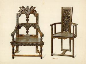 Oak Cacqueteuse -tuoli, Percy Macquoidin omaisuutta; Marjapuutuoli, Leedsin herttuan omaisuutta (chromolitho) tekijältä Shirley Charles Llewellyn Slocombe