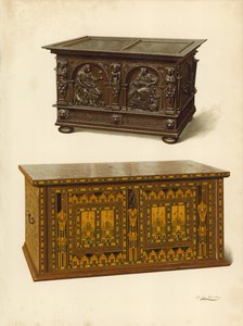Tammiarkku, Seymour Lucasin omaisuutta; Tammi intarsiakoristeinen Nonesuch-arkku (chromolitho). tekijältä Shirley Charles Llewellyn Slocombe