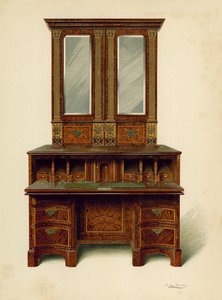 Pähkinäkuoristeinen kirjoituskaappi, Alfred A de Passin (chromolitho) omaisuutta tekijältä Shirley Charles Llewellyn Slocombe