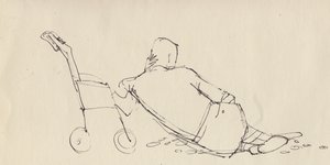 Mies nojaa rattaita vasten rannalla, c1950. tekijältä Shirley Markham