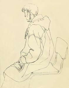 Istuva mies duffelitakissa, vuodelta 1952. tekijältä Shirley Markham