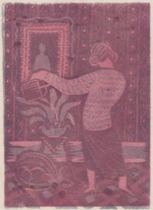 Nainen kastelee kasveja, c1951. tekijältä Shirley Markham