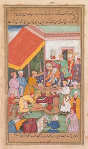Timur jakaa lahjoja pojanpojaltaan Multanin prinssiltä Zafar-namasta (Voittojen kirja) tekijältä Shravana