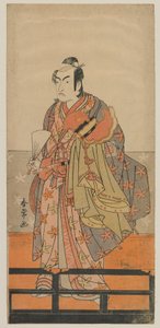 Kabuki-näyttelijä Ichikawa Monnosuke II pitelee Gagaku Dancers -kypärää ja -viittaa, Edo-kausi, noin 1780-luku (värillinen puupainatus) tekijältä Shunjo