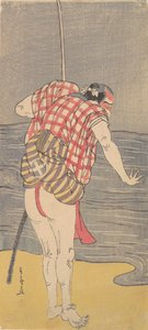 Näyttelijä Otani Hiroemon III miehenä, joka on valmis kahlaamaan mereen vedetyllä miekalla, n. 1775. tekijältä Shunsho