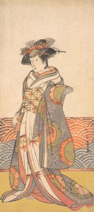 Kolmas Segawa Kikunojo naisena seisovana huoneessa, jolla on aaltokuvio Dado, n. 1779. tekijältä Shunsho