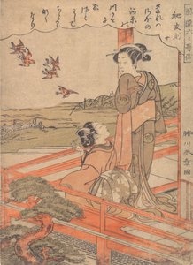Kaksi nuorta naista verannalla katsomassa kynsiä, n. 1770. tekijältä Shunsho