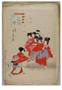 Neitotanssi sarjasta Lasten tavat ja tavat, n.1896-1897 (paperilla puupalikka) tekijältä Shuntei Miyagawa