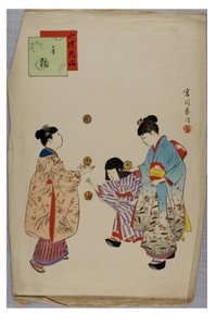 Temari sarjasta Lasten tavat ja tavat, n.1896-1897 (paperilla puupalikka) tekijältä Shuntei Miyagawa