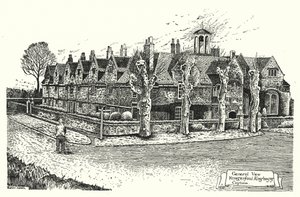 Yleisnäkymä, Hungerford Almshouses, Corsham (kaiverrus) tekijältä Sidney Heath