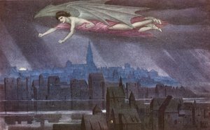 Kultainen legenda: Lucifer lentää kaupungin yllä (värilitografia). tekijältä Sidney Meteyard