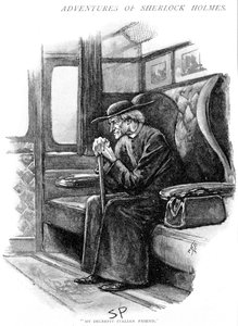 Arthur Conan Doyle The Adventure of the Final Problem Strand -lehti, Lontoo, 1893. Kuvittanut Sidney E. Paget (1860-1908), ensimmäinen Holmesin piirtänyt taiteilija. Holmes, vanha italialainen pappi, odottaa Boat Trainin lähtevän Victorian asemalta Lontoos tekijältä Sidney Paget