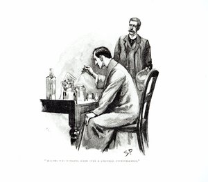 "Holmes was Working Hard Over a Chemical Investigation", kuvitus "The Naval contract" -lehdelle, Arthur Conan Doyle (1859-1930), julkaistu Strand Magazinessa, loka- ja marraskuussa 1893.