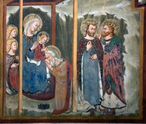 Sienan koulun taikafreskon palvonta. 1300-luvulla. Neitsyt kappeli. Pyhän Benedetton luostari (Sacro Speco), Subiaco (Rooma), Italia