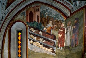 Kuolleiden tapaaminen elävien kanssa Sienan koulun freskon yksityiskohta. 1300-luvulla. Saint Benoitin luostari (Sacro Speco), portaikko, Subiaco (Rooma), Italia