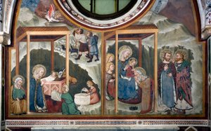 Sienan koulun taikafreskon syntymä ja palvonta. 1300-luvulla. Neitsyt kappeli. Pyhän Benedetton luostari (Sacro Speco), Subiaco (Rooma), Italia