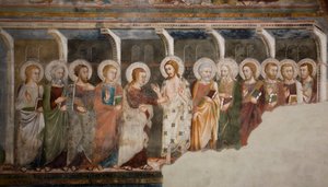 Sienan koulun apostoli Thomas Frescon epäuskoinen. 1300-luvulla. Ylempi kirkko. Pyhän Benedetton luostari (Sacro Speco), Subiaco (Rooma), Italia tekijältä Sienese School