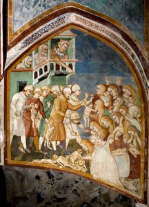 Sienan koulun freskon viattoman yksityiskohdan verilöyly (1300-luku) 1363-1366 Pyhän Benedetton luostari (Sacro Speco), Subiaco (Rooma), Italia