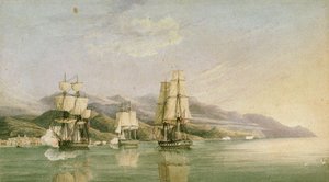 Hyökkäys kahdeksantoista ranskalaisen kauppa-aluksen saattueeseen Laigrelian ja Alassion kohdalla 27. kesäkuuta 1812, 1800-luvun alku (tussi, tussi, grafiitti, akvarelli). tekijältä Silas Thomson (attr.to) Hood