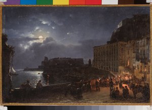Santa Lucian laituri Napolissa (Italia), täysikuun yönä. Sylvester Feodosiyevich Shchedrin (Sylvester Shchedrin) (1791-1830) maalaus öljy kankaalle