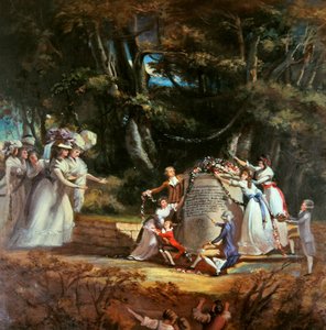 Orleansin herttuattaren lapset tervehtimässä äitiään muistomerkillä, jonka he pystyttivät hänen terveytensä palautumisen muistoksi vierailulla Spassa vuonna 1787 (öljy kankaalle) tekijältä Silvestre Mirys