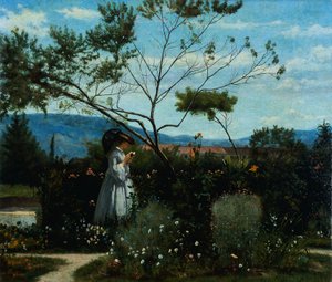 Puutarhan kukkien joukossa, kirjoittanut Silvestro Lega (1826-1895).