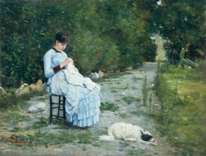 Puutarhassa, kirjoittaja Silvestro Lega (1826-1895), öljy paneelille, 29x38 cm tekijältä Silvestro Lega
